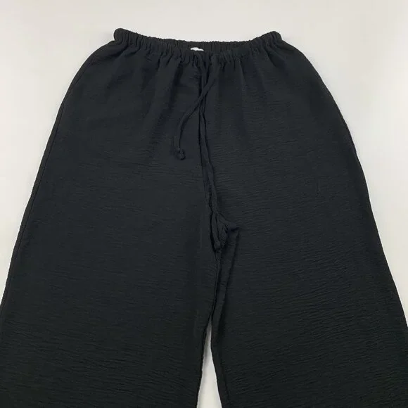 Solai Black Textured Crepe Pull On Wide Leg Pant M - Picture 2 of 7